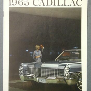 Text reads '1965 CADILLAC' above a photo of a silver 1965 Cadillac with a man and woman standing beside the car in a dim showroom.