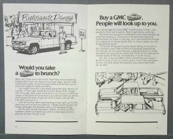 14 Custom | Merrick Auto Museum Two-page black-and-white ad spread: left side shows a restaurant scene with a vintage van and customers; right side features a GMC truck ad with the headline 'People will look up to you.'
