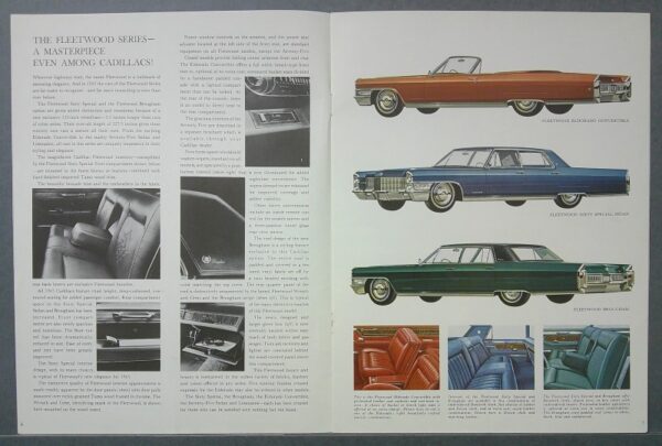 14 Custom | Merrick Auto Museum Two-page vintage brochure: left text and interior photos; right page shows three color Fleetwood cars with interior close-ups (Eldorado Convertible, Sixty Special, Brougham).