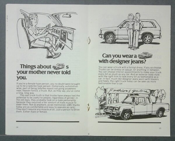 15 Custom | Merrick Auto Museum Spread of a vintage magazine: left page shows a woman driving in a car interior; right page shows a couple beside a pickup and a caption about fashion and trucks.