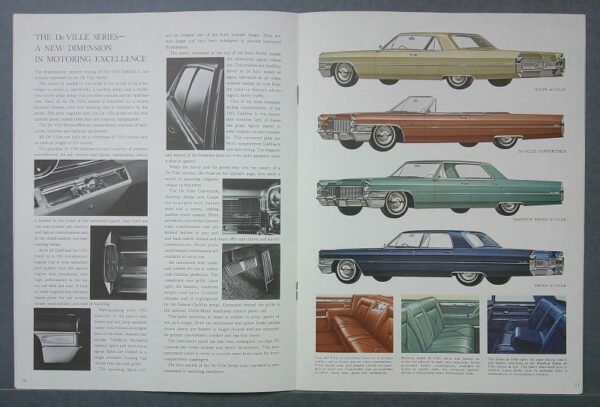 15 Custom | Merrick Auto Museum Two-page magazine spread about Cadillac DeVille models, showing side-view illustrations of coupe, convertible, hardtop sedan, and sedan de ville with interior photos on the bottom corners.