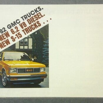 Yellow GMC pickup in a driveway beside a house, with diagonal vintage ad text promoting 1982 GMC trucks and diesel engines.