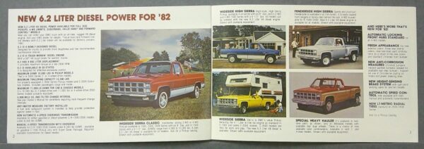 17 Custom | Merrick Auto Museum Two-page brochure spread advertising the 1982 6.2-liter diesel power pickup, with a red truck center image and several model photos on the right side.