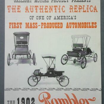 Poster advertising Gaslight Motors' authentic replica of the first mass-produced automobiles, featuring three early 1900s Rambler cars under bold orange and black headlines.