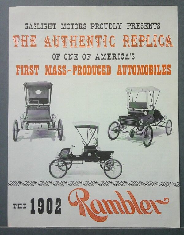 17 Custom | Merrick Auto Museum Poster advertising Gaslight Motors' authentic replica of the first mass-produced automobiles, featuring three early 1900s Rambler cars under bold orange and black headlines.
