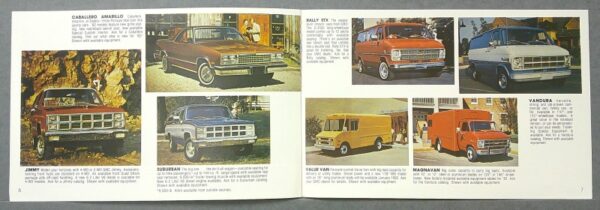 18 Custom | Merrick Auto Museum Two-page vintage van catalog spread showing multiple classic cargo/passenger vans in different colors (red, blue, yellow, white) with small captions describing each model.