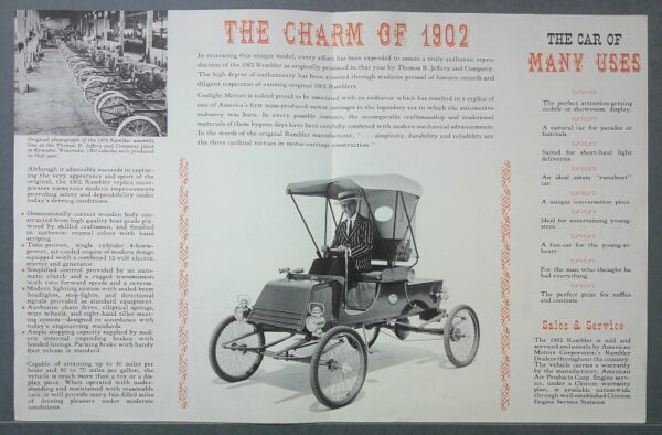 18 Custom | Merrick Auto Museum Center image of an early motorcar with driver, surrounded by descriptive text panels in a vintage brochure.