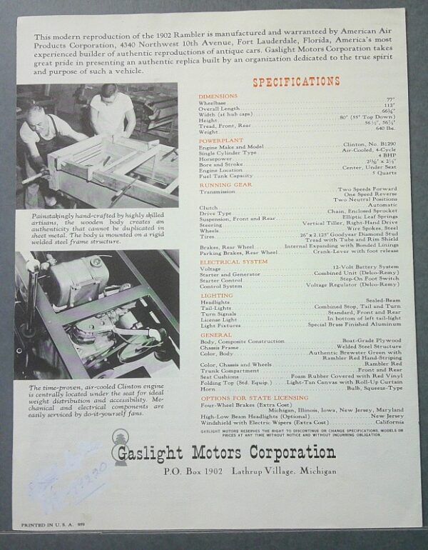19 Custom | Merrick Auto Museum Gaslight Motors advertisement page with two workers assembling an antique engine on the left and a detailed specifications table on the right, including company name at the bottom.