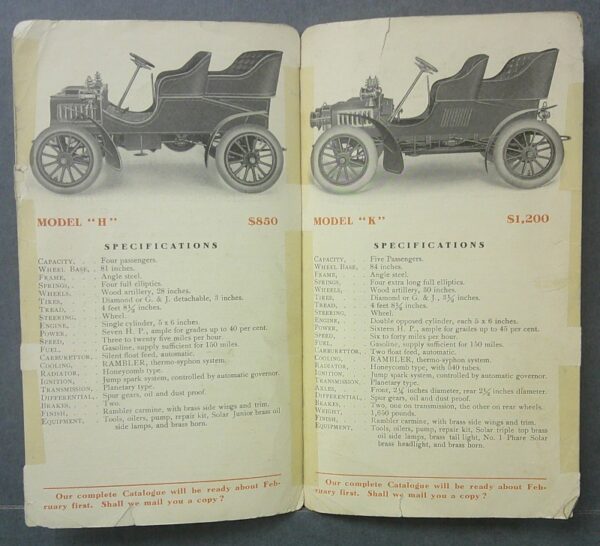 21 Custom | Merrick Auto Museum Open vintage catalog showing two early automobile models, Model H ($850) left and Model K ($1,200) right, with specifications.
