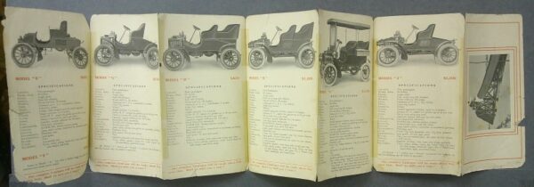 22 Custom | Merrick Auto Museum Row of open vintage car catalog pages showing early 1900s models with specifications.
