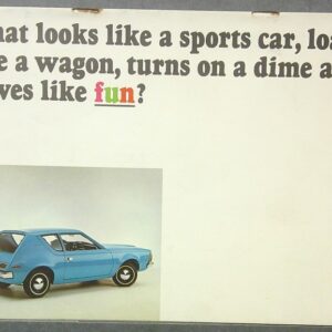 Advertisement poster with bold headline about a car that looks sporty but is versatile; shows a light-blue vintage car in the bottom-left corner.