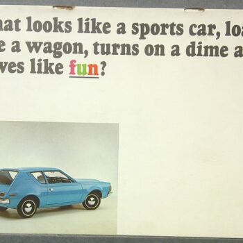 Advertisement poster with bold headline about a car that looks sporty but is versatile; shows a light-blue vintage car in the bottom-left corner.