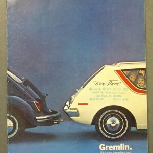 Two vintage cars bumper-to-bumper on a blue studio background; a white Gremlin on the right with people in the window and the caption 'Gremlin. The new American car.'