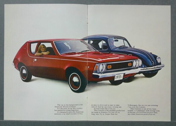 28 Custom | Merrick Auto Museum Two vintage cars—a red hatchback in front and a blue coupe behind—on a white backdrop, with a woman visible in the red car's window (advertising spread).