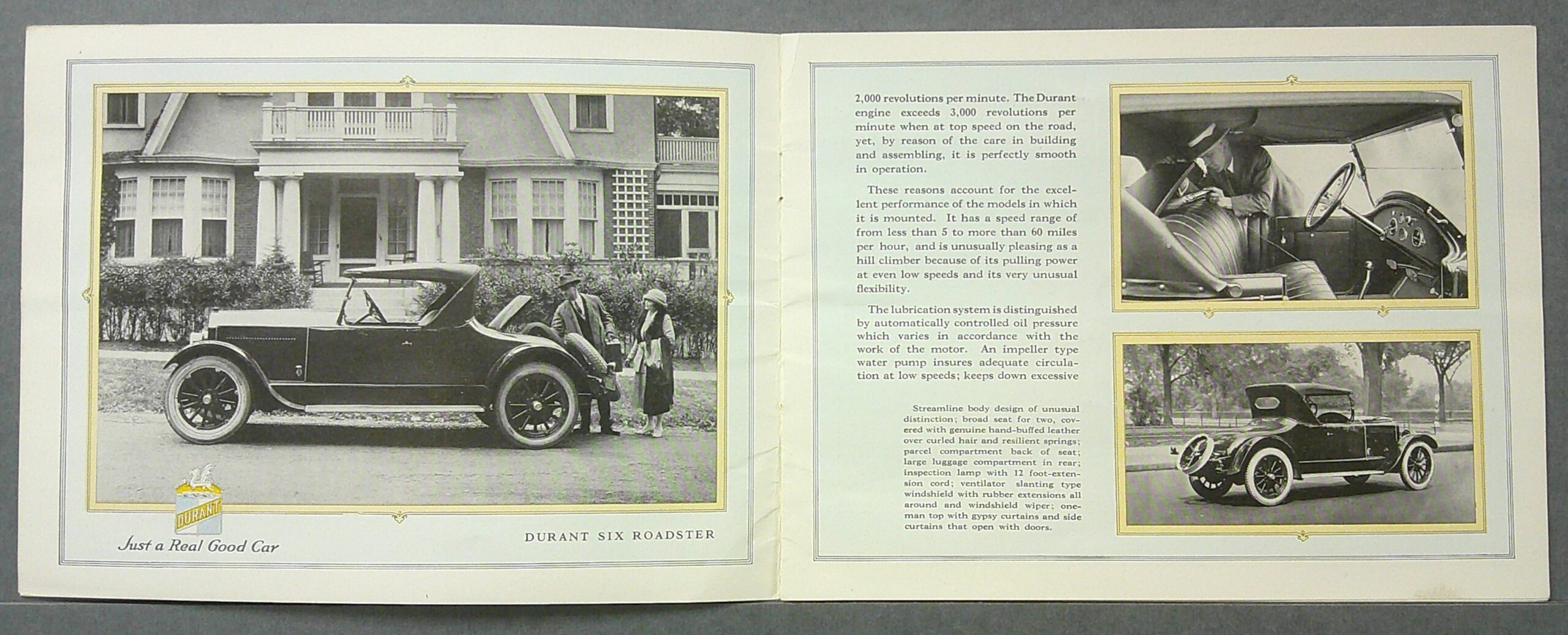 Digital Camera | Merrick Auto Museum Double-page vintage Durant car brochure: left side shows a black roadster parked before a mansion; right side contains product text with two interior photos of the car above and beside a third image.