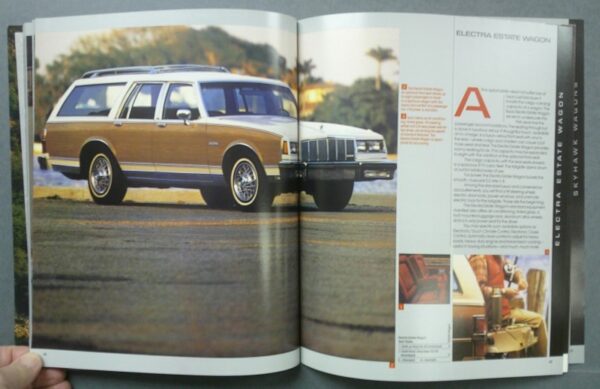 3 Custom | Merrick Auto Museum Two-page magazine spread showing a brown wood-panel station wagon parked outdoors; the right page features an article layout with the heading 'ELECTRA ESTATE WAGON'.
