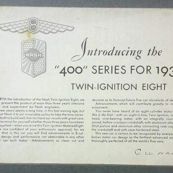 Promotional brochure cover for Nash 1930 Twin-Ignition Eight '400' Series.