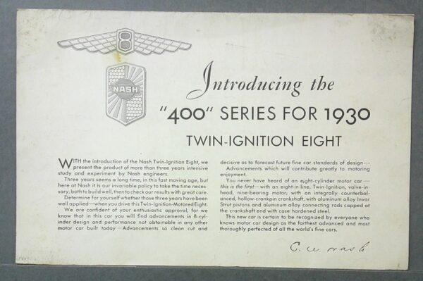 3 Custom | Merrick Auto Museum Promotional brochure cover for Nash 1930 Twin-Ignition Eight '400' Series.