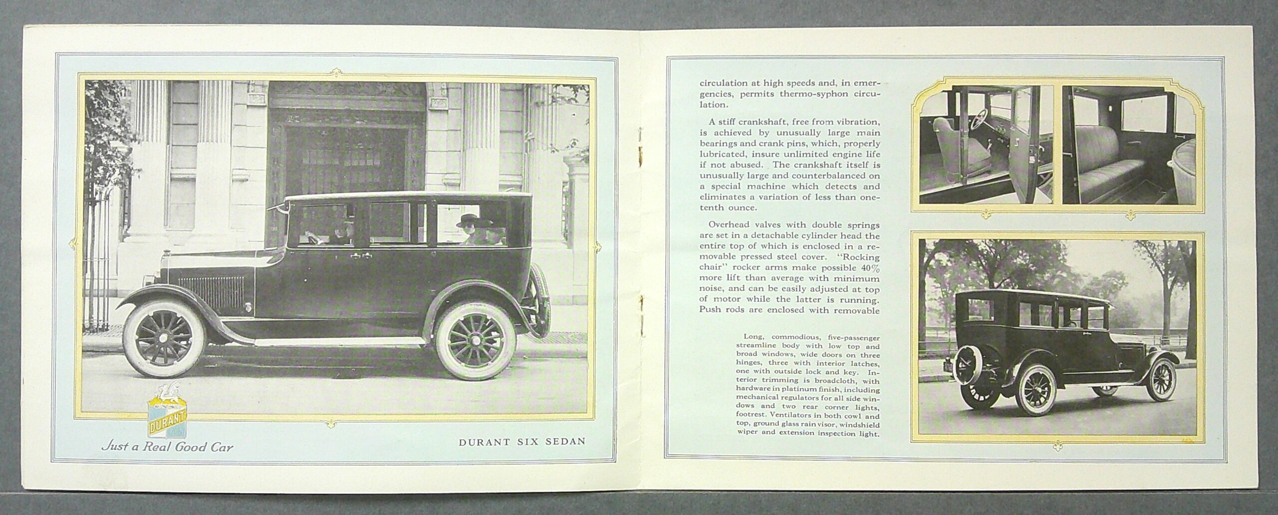 Digital Camera | Merrick Auto Museum Two-page vintage Durant Six sedan advertisement: a large side photo of a black early automobile on the left, with interior and rear views on the right.