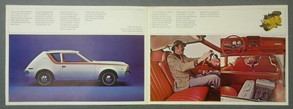 32 Custom | Merrick Auto Museum Two-page car brochure: left side features a white vintage hatchback on a blue backdrop; right side shows a man driving a red-interior car with a close-up of the dashboard and seats.