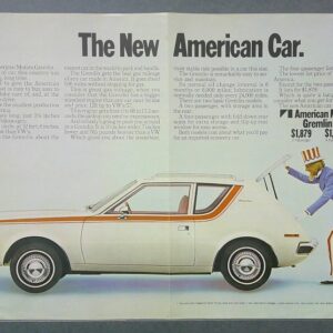 Two-page vintage advertisement for the American Motors Gremlin, showing a white car with orange stripes and a man dressed as Uncle Sam on the right.