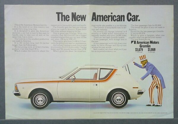 34 Custom | Merrick Auto Museum Two-page vintage advertisement for the American Motors Gremlin, showing a white car with orange stripes and a man dressed as Uncle Sam on the right.