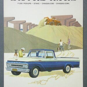 Poster for 1962 Ford Trucks featuring a blue Ford pickup in a desert construction scene with workers and heavy equipment in the background; tagline at bottom highlights Ford’s low price and economy.