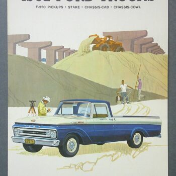 Digital Camera | Merrick Auto Museum Poster for 1962 Ford Trucks featuring a blue Ford pickup in a desert construction scene with workers and heavy equipment in the background; tagline at bottom highlights Ford’s low price and economy.