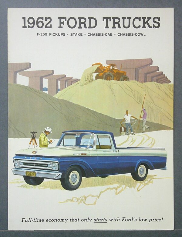 Digital Camera | Merrick Auto Museum Poster for 1962 Ford Trucks featuring a blue Ford pickup in a desert construction scene with workers and heavy equipment in the background; tagline at bottom highlights Ford’s low price and economy.