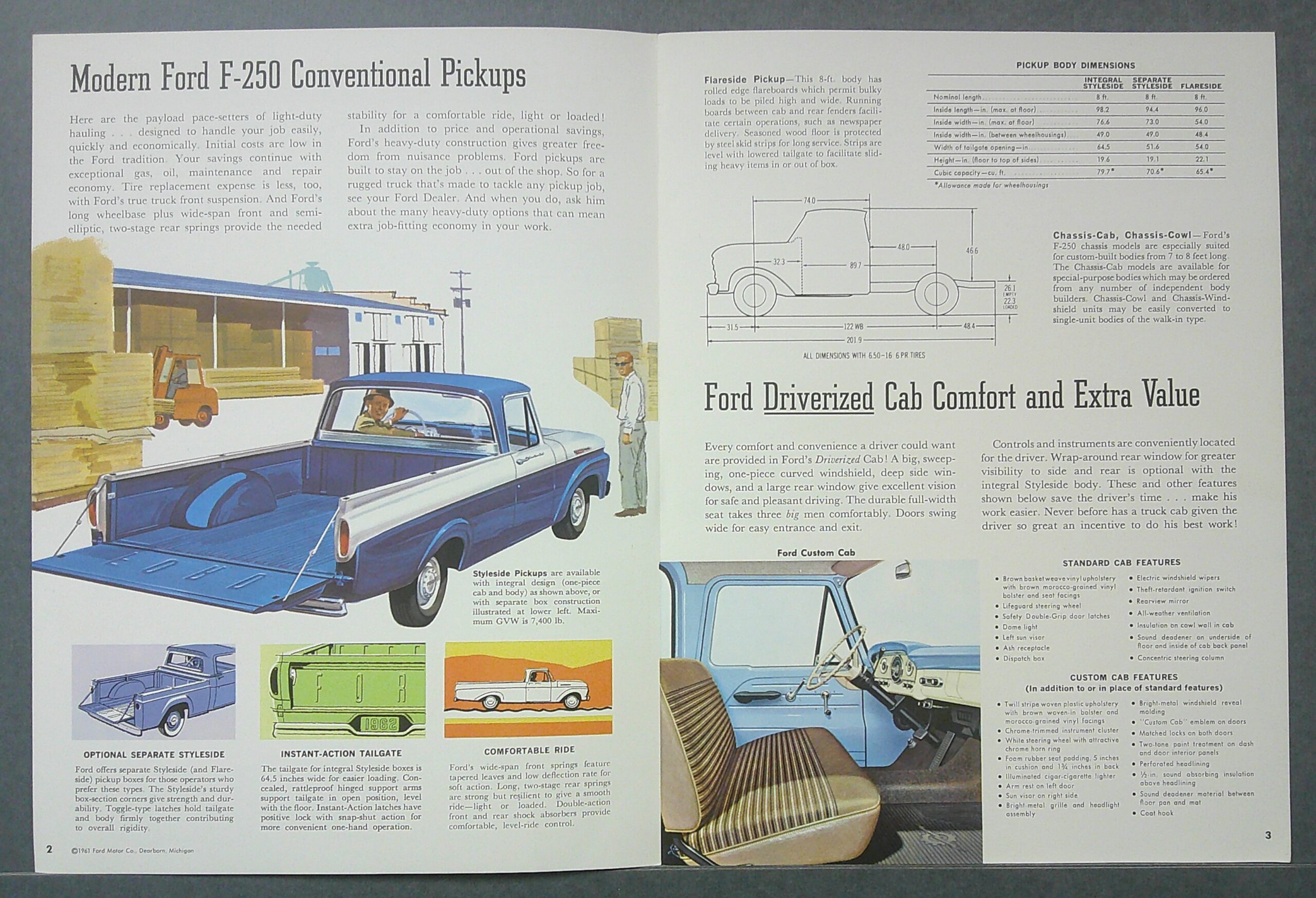 Digital Camera | Merrick Auto Museum Two-page vintage Ford brochure spread showing a blue pickup truck in a loading yard with warehouses and workers, plus technical diagrams and headlines about the F-250 pickups.