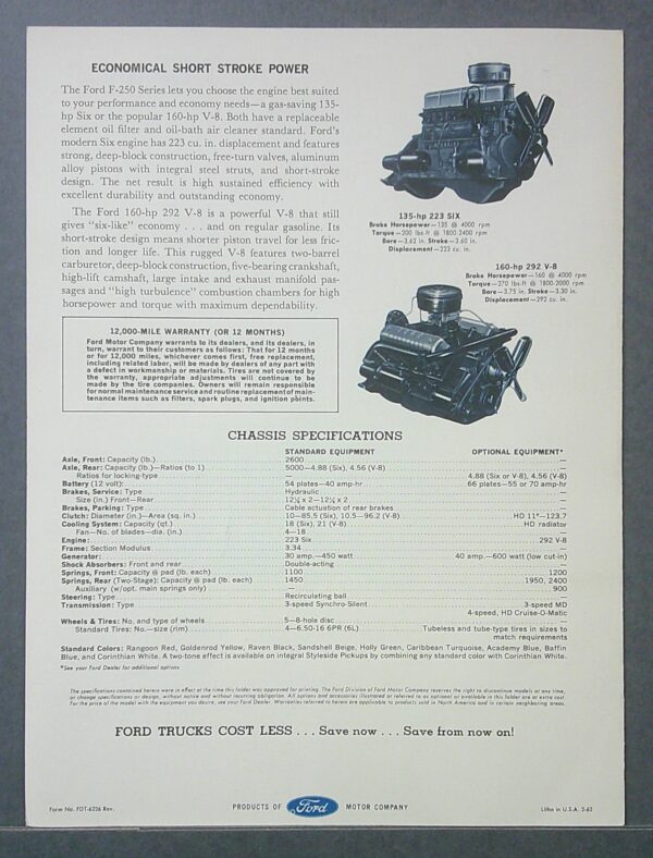 Digital Camera | Merrick Auto Museum Ford brochure page with engine diagrams and descriptive text about economical short-stroke power, plus chassis specifications at bottom of the page.