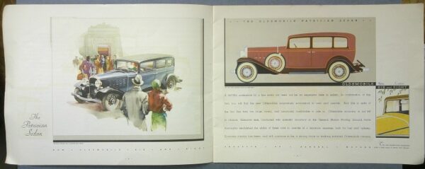37 Custom | Merrick Auto Museum Two-page vintage car brochure: left shows a crowd around a blue classic sedan, right features a red Oldsmobile touring sedan with descriptive text.