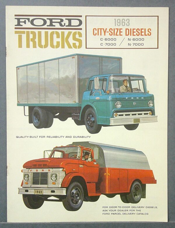 Digital Camera | Merrick Auto Museum Vintage Ford Trucks brochure page showing a blue tractor-trailer and a red delivery truck with 1963 catalog text at top left and right panels.