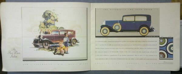 38 Custom | Merrick Auto Museum Two-page spread of vintage cars: a red two-door sedan with children on the left and a blue classic car on the right.