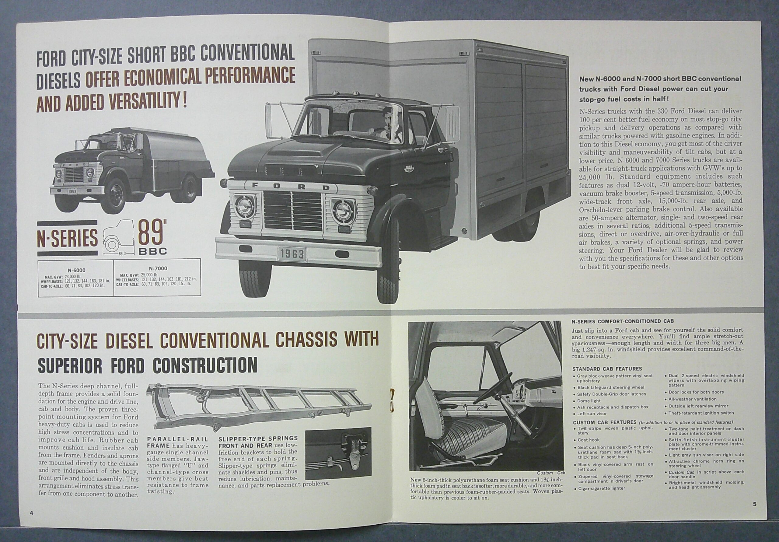 Digital Camera | Merrick Auto Museum Ford N-Series truck advertisement spread showing a front view of a large cab-over engine truck and a smaller truck in the background with bold headline text above.