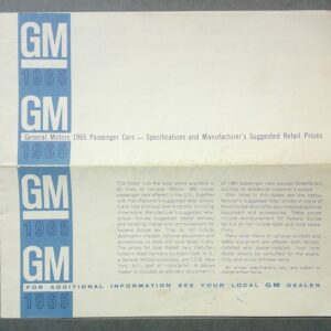 GM 1965 brochure cover with blue vertical GM logos on the left and text about 1965 passenger car specifications and suggested retail prices.