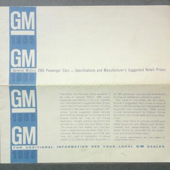 GM 1965 brochure cover with blue vertical GM logos on the left and text about 1965 passenger car specifications and suggested retail prices.