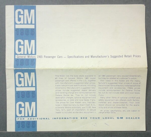 4 Custom | Merrick Auto Museum GM 1965 brochure cover with blue vertical GM logos on the left and text about 1965 passenger car specifications and suggested retail prices.