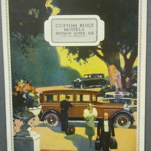 Historical file cover illustration with a classic brown vintage car in front of a grand entrance; well-dressed pedestrians nearby, label reads 'Custom Built Models Hudson Super Six'.