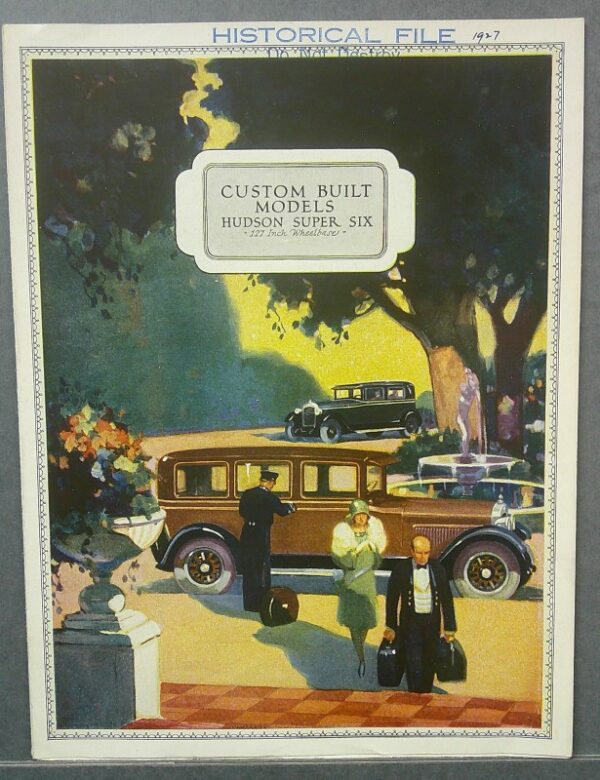 4 Custom | Merrick Auto Museum Historical file cover illustration with a classic brown vintage car in front of a grand entrance; well-dressed pedestrians nearby, label reads 'Custom Built Models Hudson Super Six'.
