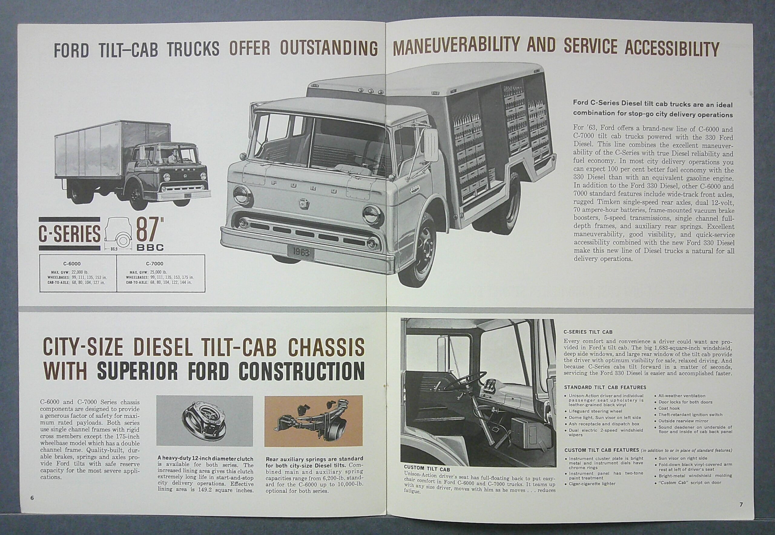 Digital Camera | Merrick Auto Museum Two-page vintage Ford brochure spread showing tilt-cab trucks, with the headline 'Ford Tilt-Cab Trucks Offer Outstanding Maneuverability and Service Accessibility'.