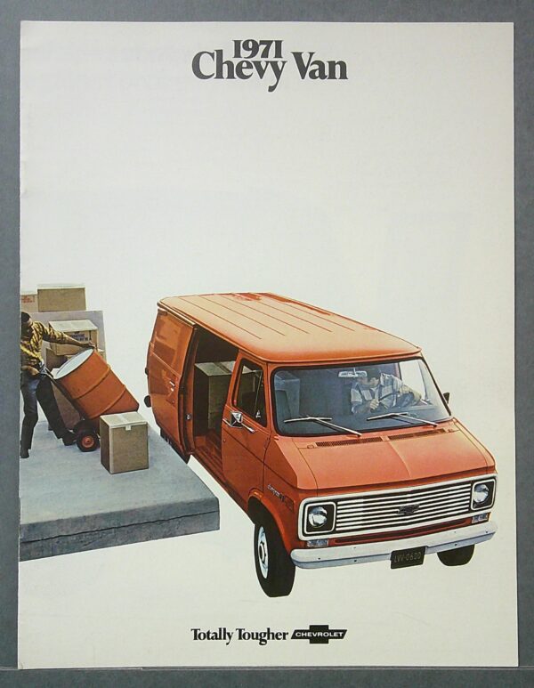 Digital Camera | Merrick Auto Museum Promotional image of an orange 1971 Chevy van being loaded with boxes by workers; Chevrolet ad reads 'Totally Tougher' at the bottom.