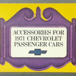 Poster cover in yellow with a purple frame, text reads 'Accessories for 1971 Chevrolet Passenger Cars' (vintage Chevrolet catalog).