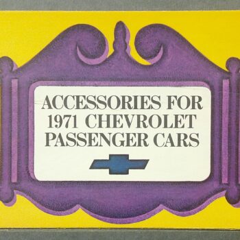 Digital Camera | Merrick Auto Museum Poster cover in yellow with a purple frame, text reads 'Accessories for 1971 Chevrolet Passenger Cars' (vintage Chevrolet catalog).