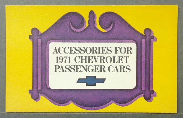 Digital Camera | Merrick Auto Museum Poster cover in yellow with a purple frame, text reads 'Accessories for 1971 Chevrolet Passenger Cars' (vintage Chevrolet catalog).