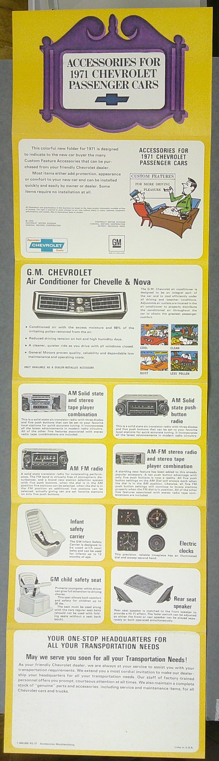 Digital Camera | Merrick Auto Museum Bright yellow poster titled 'Accessories for 1971 Chevrolet Passenger Cars' showing sections of GM car accessories with illustrations (air conditioner, radios, infant safety carrier, etc.).