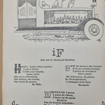 Humorous illustration of a mobile bar built into a vintage car, with a bartender asking 'What do you have, gents?' and signs reading 'Family Entrance' and 'Giv Scotch'.