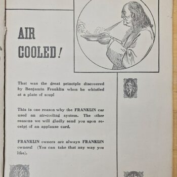 Old advertisement page with the bold headline 'AIR COOLED!' next to a circular illustration of a man in period clothing holding a steaming plate, suggesting a kitchen/care theme.