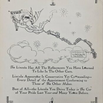 Vintage Lincoln advertisement illustration: a winged man labeled 'New Refinements' pulls a string of cars across the sky toward the clouds; decorative border and caption proclaim Lincoln's refinements and pride in the car.