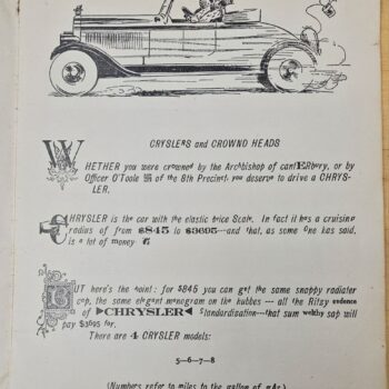 Vintage advertisement illustration of a royal dog driving a convertible Chrysler, with decorative text below.